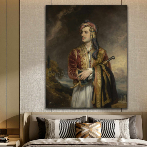 A portrait of a man dressed in renaissance regal attire hangs on the gray wall above the bed