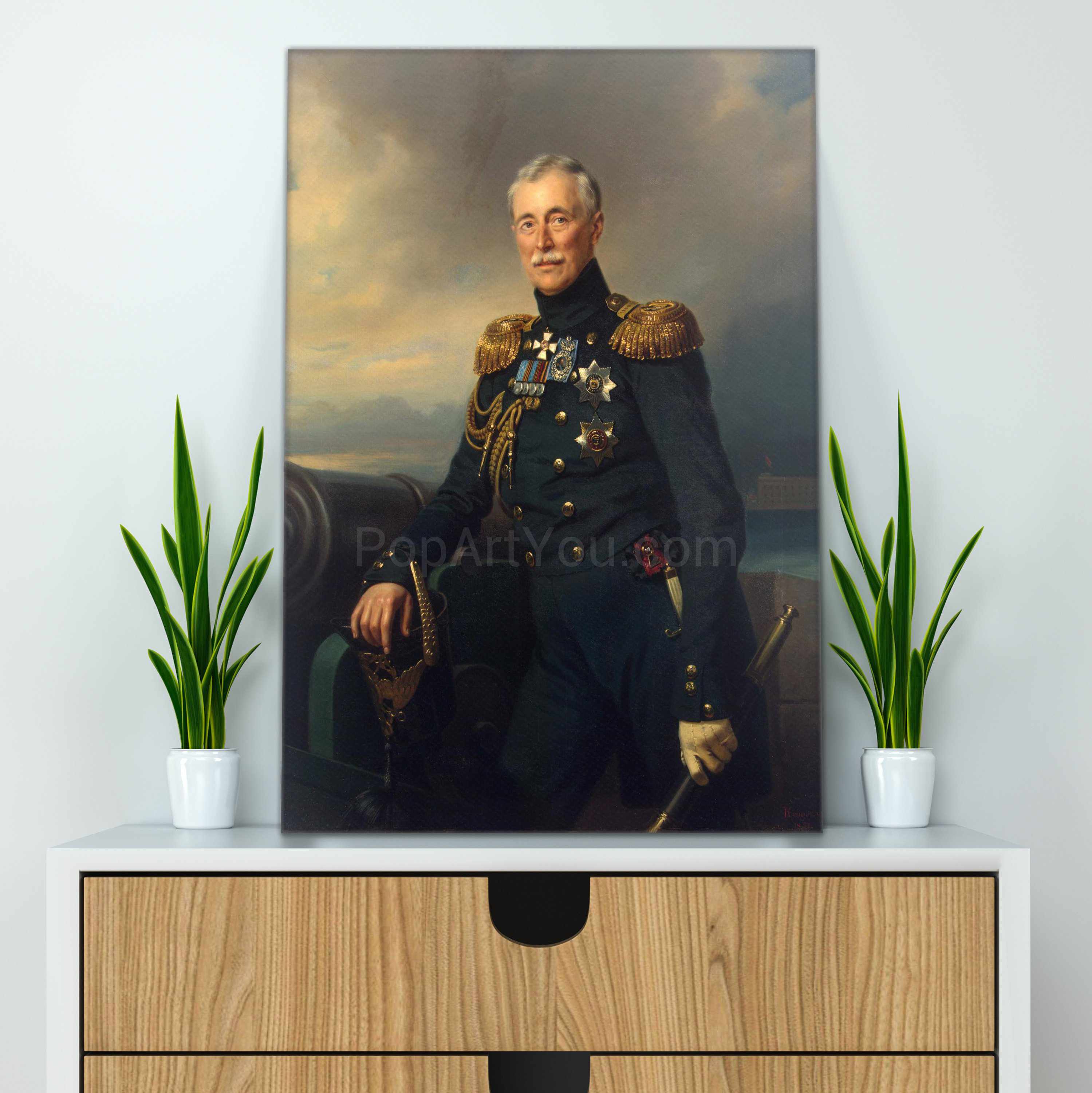 A portrait of a man dressed in a royal costume hangs on the shelf next to two flowers