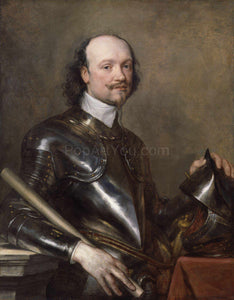 The portrait shows a man dressed in renaissance regal attire with armor