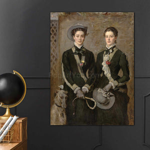 Portrait of two women with a dog dressed in black regal clothes with hats hanging on a gray wall next to a globe
