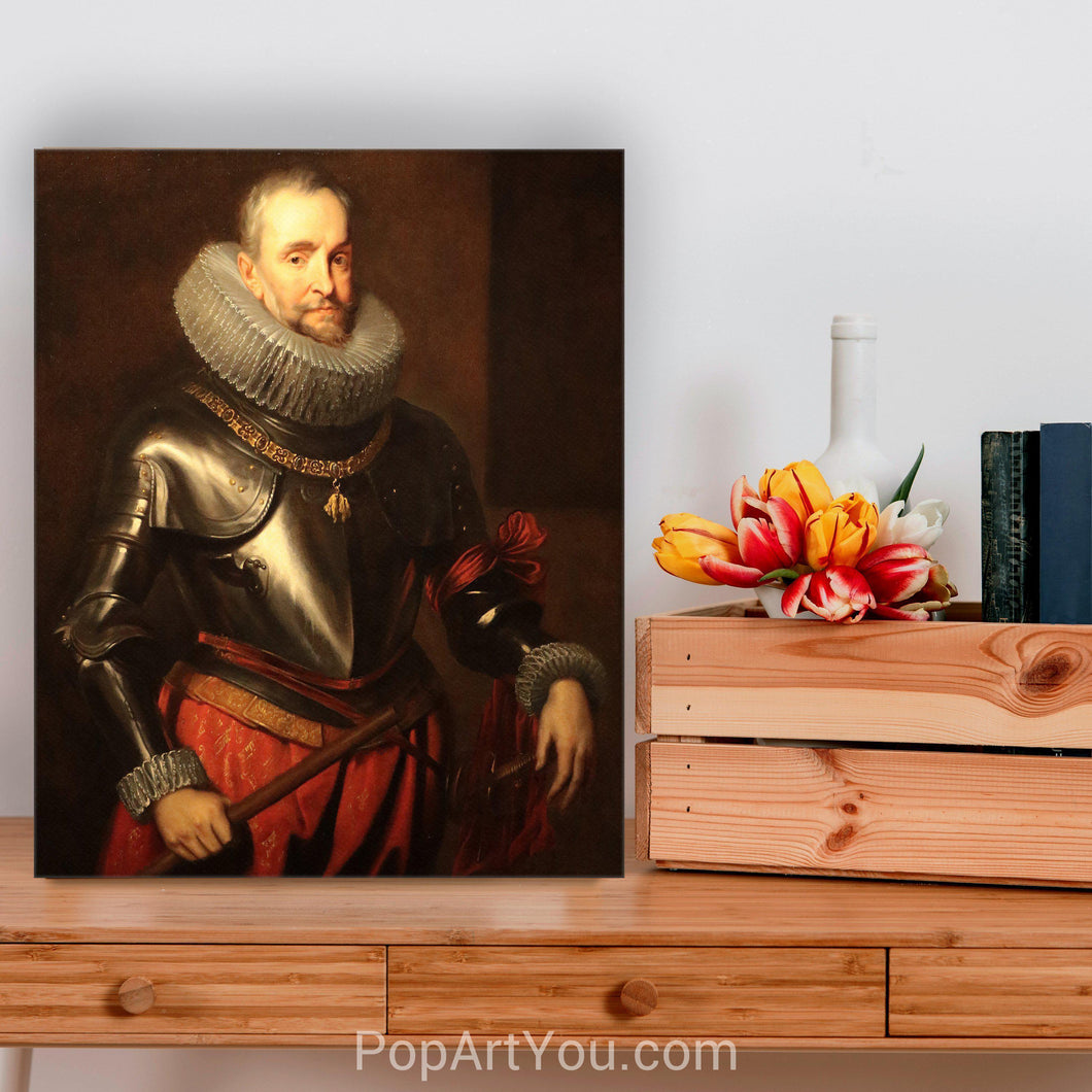 A portrait of a man dressed in a historical royal suit with armor stands on a wooden table