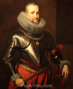 The portrait shows a man dressed in renaissacne red regal attire with armor