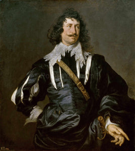 The portrait shows a man with a mustache dressed in black regal attire