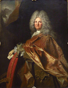The portrait shows an elderly man with long white hair dressed in renaissance regal attire with a bronze cloak