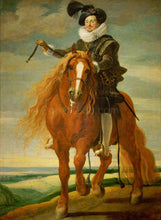 Load image into Gallery viewer, The portrait shows a man sitting on a horse dressed in a renaissance regal costume
