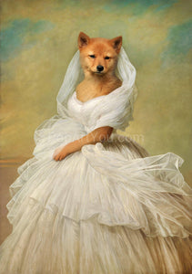 The portrait shows a red-haired female dog with a human body dressed in a white princess dress