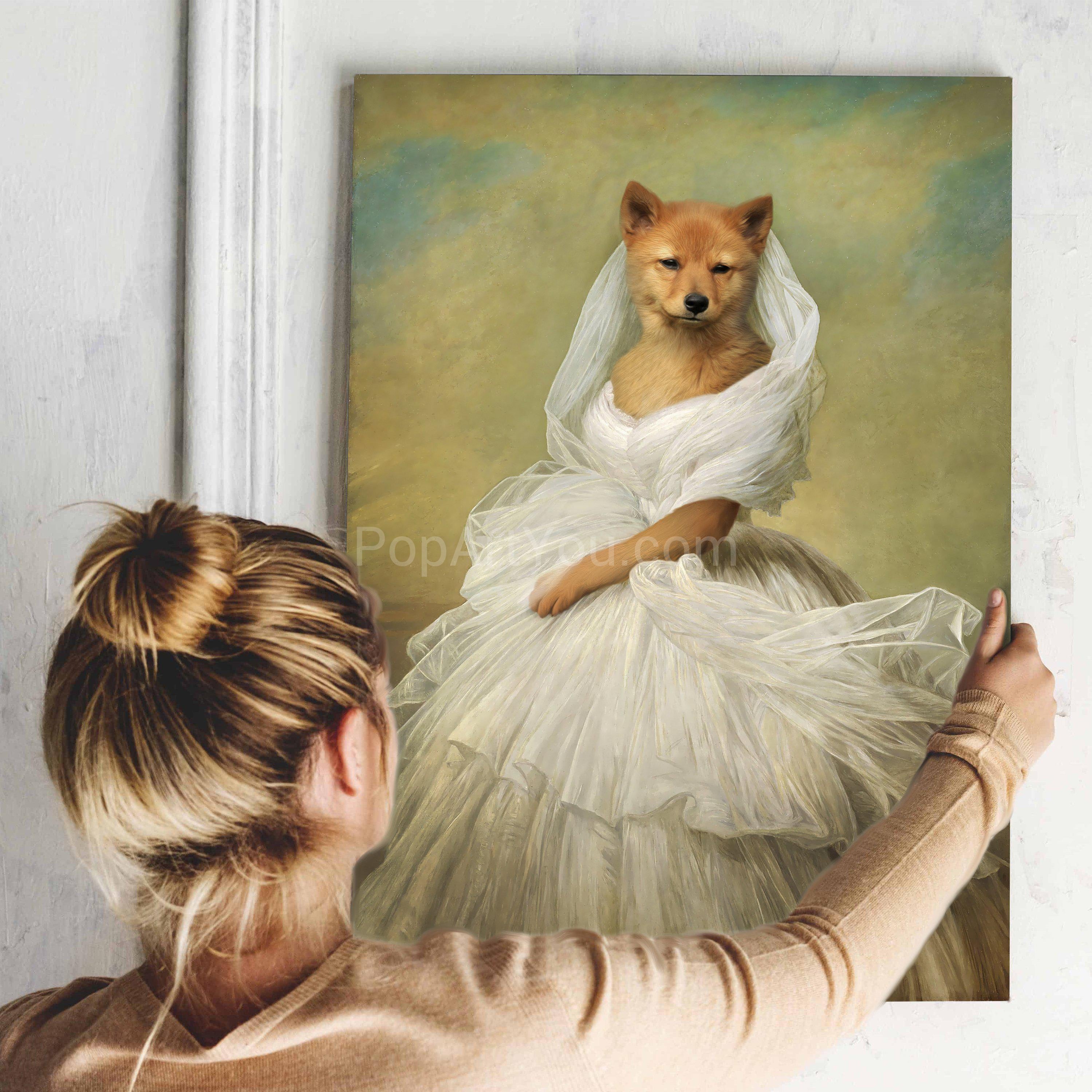 A woman stands near a portrait of a female dog with a human body dressed in a white royal princess dress