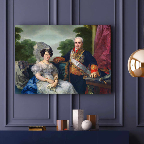 Portrait of a couple dressed in historical regal attires hangs on a blue wall near two books