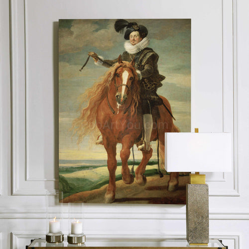 A portrait of a man sitting on a horse dressed in historical royal clothes hangs on a white wall next to a lamp