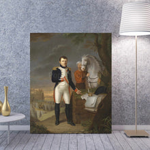 Load image into Gallery viewer, A portrait of a man dressed in renaissance regal attire standing near a white horse stands on the wooden floor next to a floor lamp
