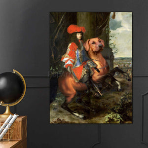 A portrait of a man dressed in historical regal clothes running on a huge dog hangs on the dark wall next to the globe