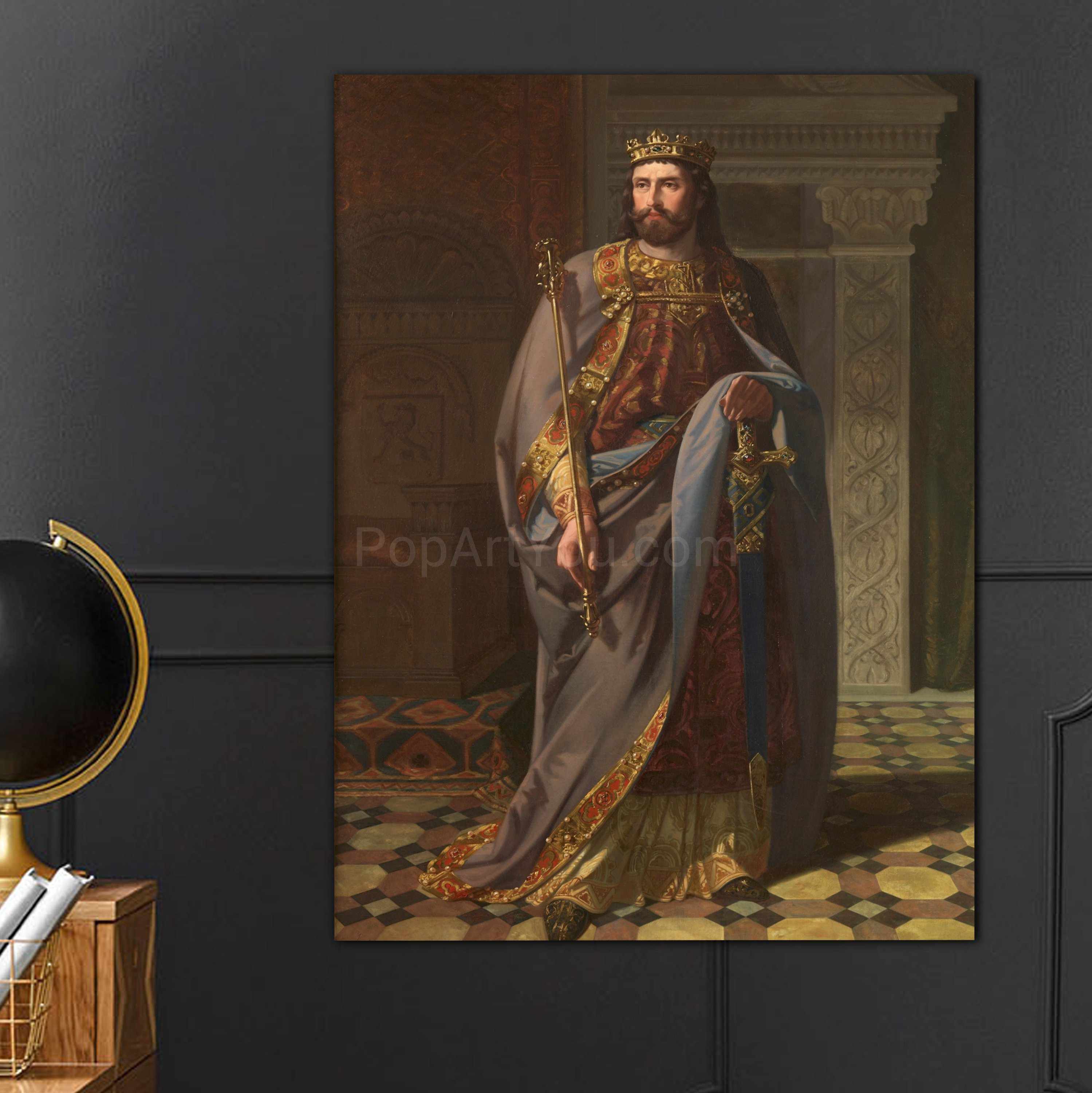 A portrait of a man dressed in historical royal clothes with a crown hangs on the gray wall next to the globe