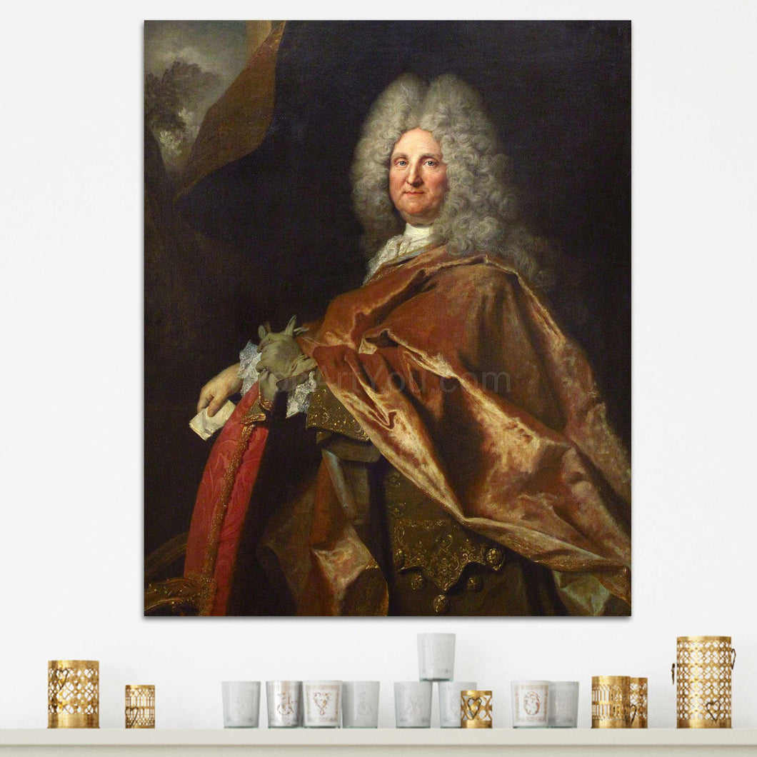 A portrait of a man with long white hair dressed in historical royal clothes with a bronze cloak hangs on a white wall