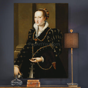 Portrait of a woman with red hair dressed in black regal attire hangs on a blue wall about three books