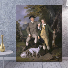 Load image into Gallery viewer, A portrait of a man and a boy sitting next to the dogs dressed in historical royal clothes stands on the wooden floor
