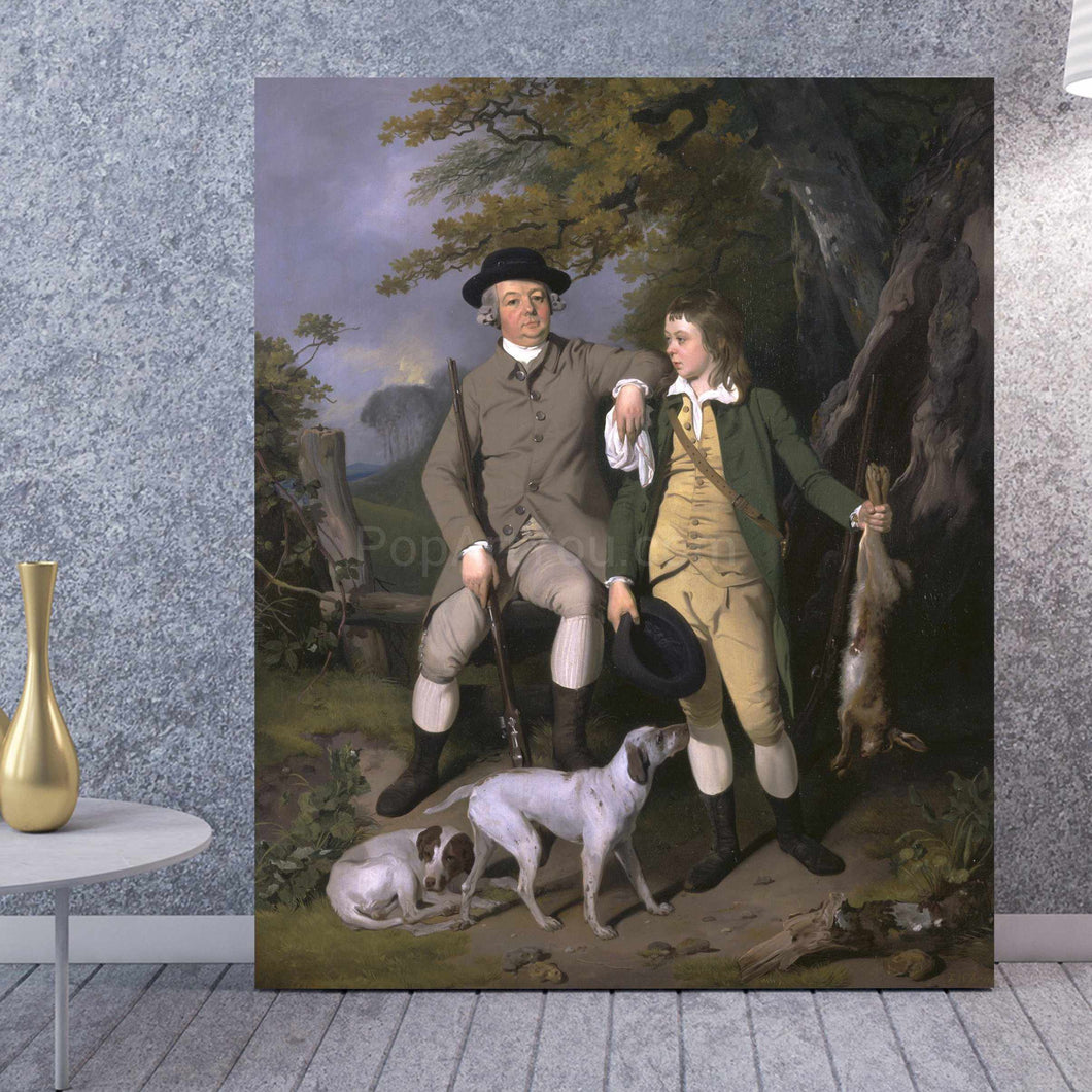 A portrait of a man and a boy sitting next to the dogs dressed in historical royal clothes stands on the wooden floor