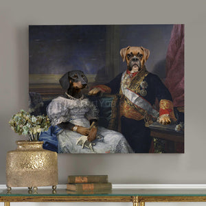 Portrait of a pair of two dogs with human bodies dressed in historical royal clothes hangs on a gray wall near a golden vase