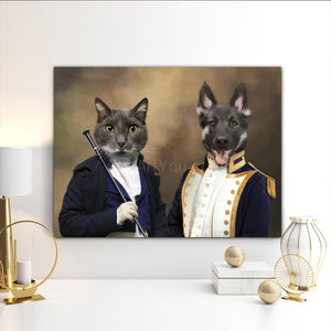 Portrait of a couple of cat and dog with human bodies dressed in black royal clothes hanging on a white wall near the golden figures