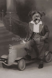 Gentleman with his toy car retro pet portrait
