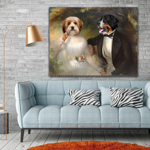 Portrait of a couple of two dogs with human bodies dressed in white and black regal attires hanging on a gray brick wall above the sofa