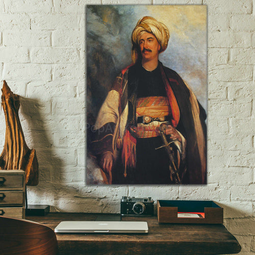 A portrait of a man with a mustache dressed in historical royal clothes hangs on the white brick wall above the desk