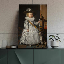 Load image into Gallery viewer, Portrait of a little girl dressed in white royal attire stands on a green table next to a flowerpot
