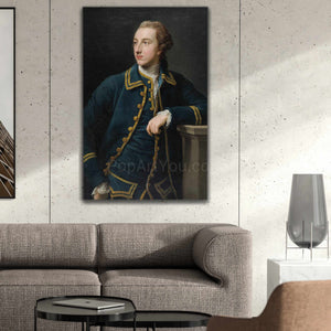 A portrait of a man dressed in a green regal costume hangs over the sofa