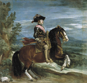 The portrait shows a man riding a horse dressed in renaissance regal attire