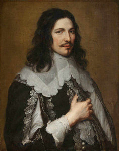 The portrait shows a man with long hair dressed in renaissance regal attire