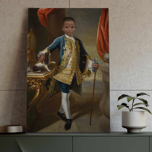 Portrait of a boy dressed in royal clothes stands on a green table near a flowerpot