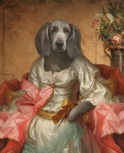 The portrait shows a female dog with a human body dressed in a gray royal dress with a pink mantle