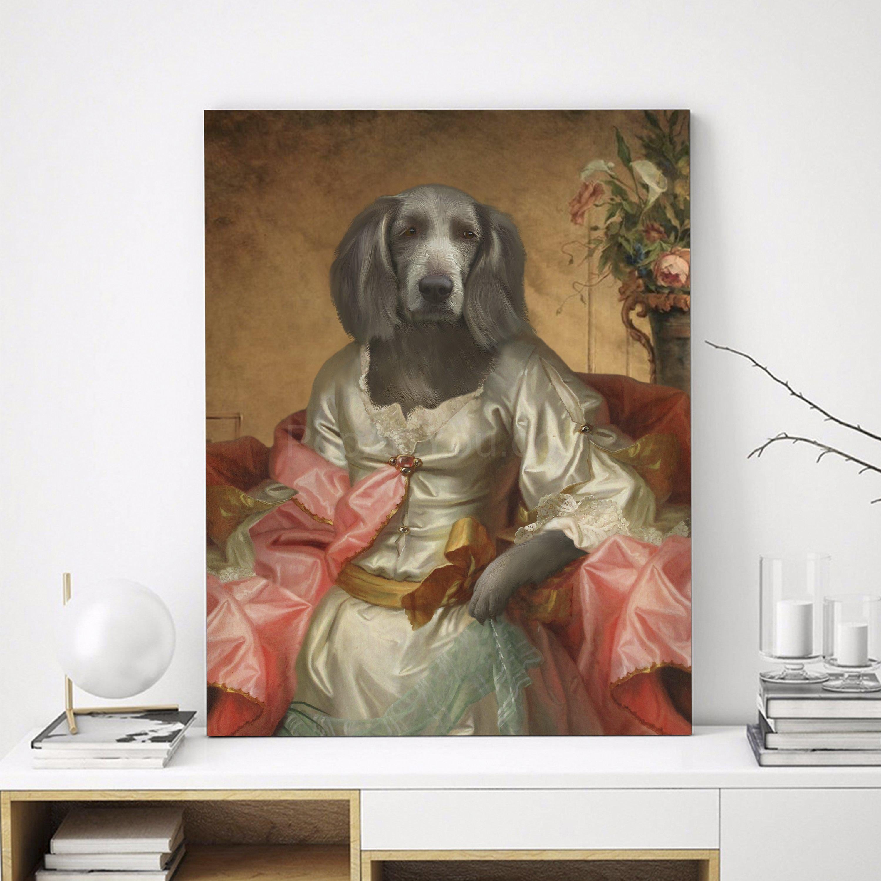 Portrait of a female dog with a human body dressed in a gray royal dress with a pink mantle stands on a white table near books