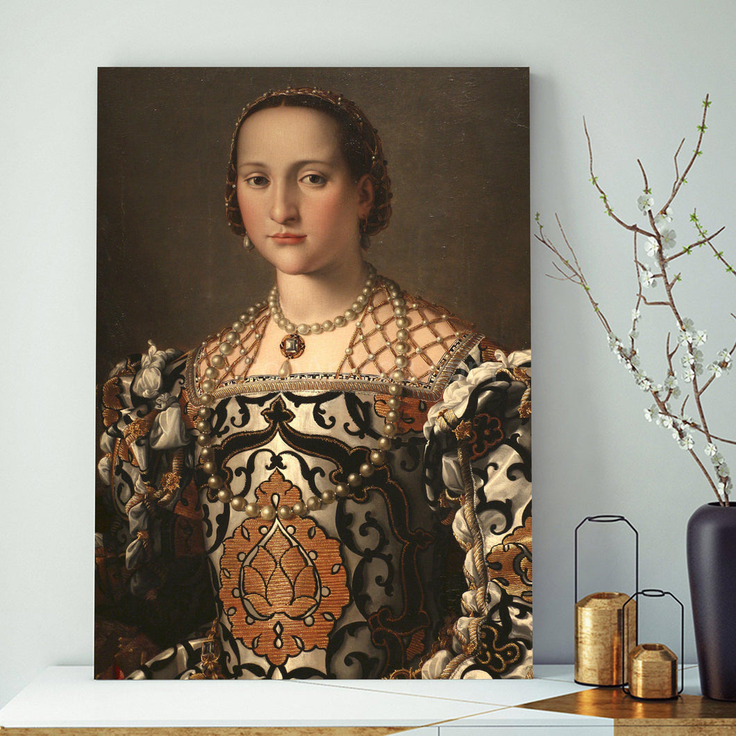 A portrait of a woman with red hair, dressed in a bronze royal, stands on a white table near a black vase