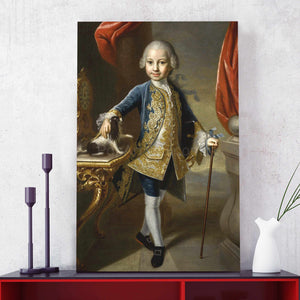 Portrait of a boy with white hair dressed in royal clothes stands on a red table near a vase