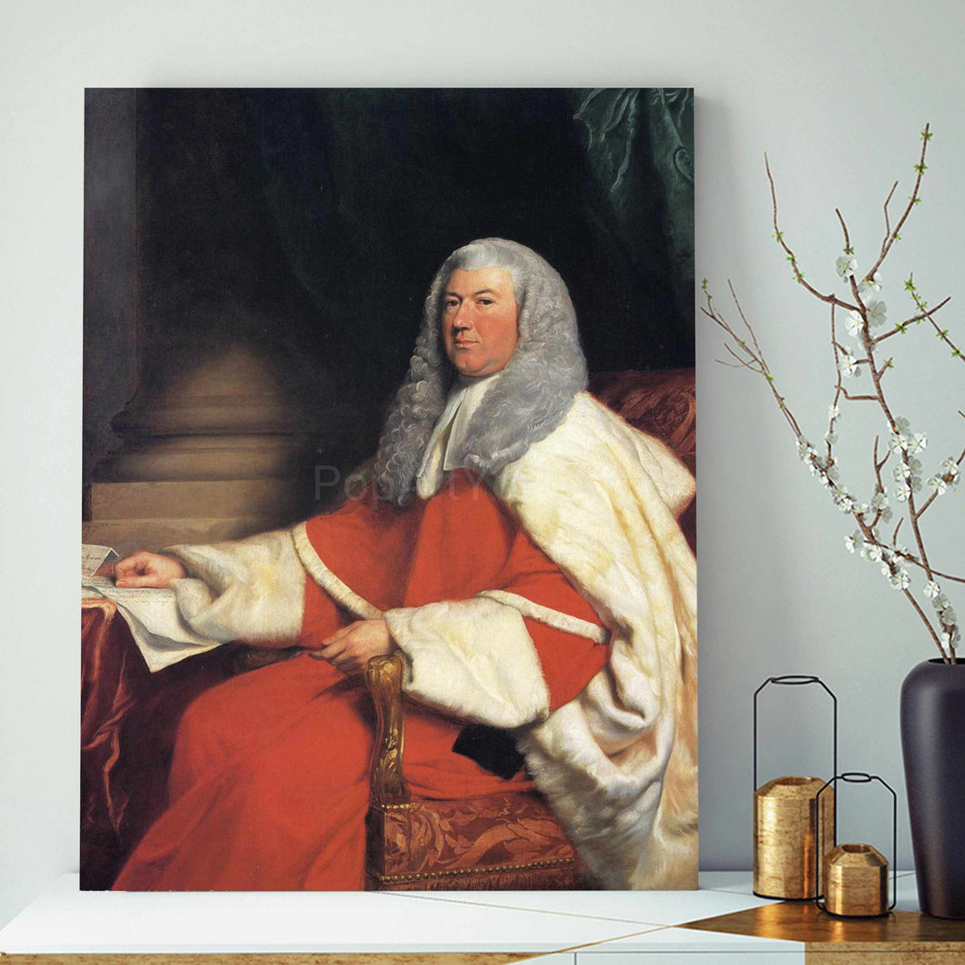 A portrait of a man with long white hair dressed in historical royal clothes stands on a white table next to a vase