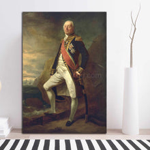 Load image into Gallery viewer, A portrait of a man with white hair dressed in historical royal clothes stands on the floor next to a white vase
