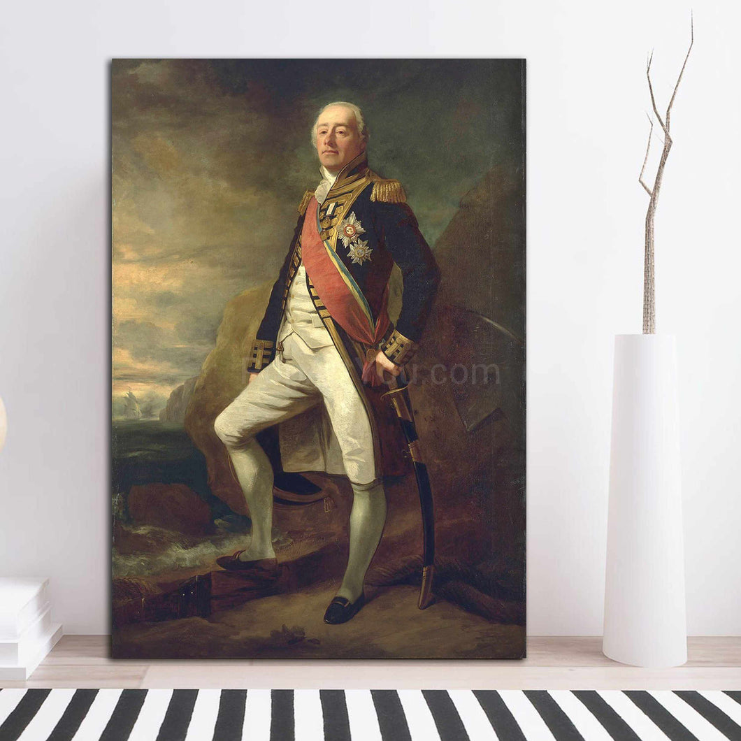A portrait of a man with white hair dressed in historical royal clothes stands on the floor next to a white vase