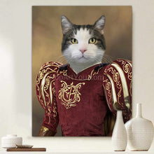 Load image into Gallery viewer, A portrait of a cat with a human body dressed in royal clothes of a prince hangs on a beige wall near two vases
