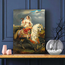 Load image into Gallery viewer, Portrait of a woman riding on a white horse dressed in a royal white dress stands on a wooden table
