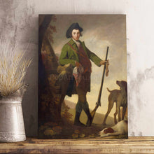 Load image into Gallery viewer, A portrait of a man standing next to a dog holding a gun dressed in regal attire stands on a wooden table
