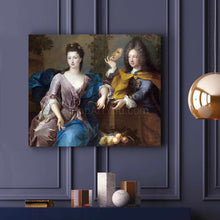 Load image into Gallery viewer, Portrait of a couple dressed in historical royal attires hanging on a purple wall above two books
