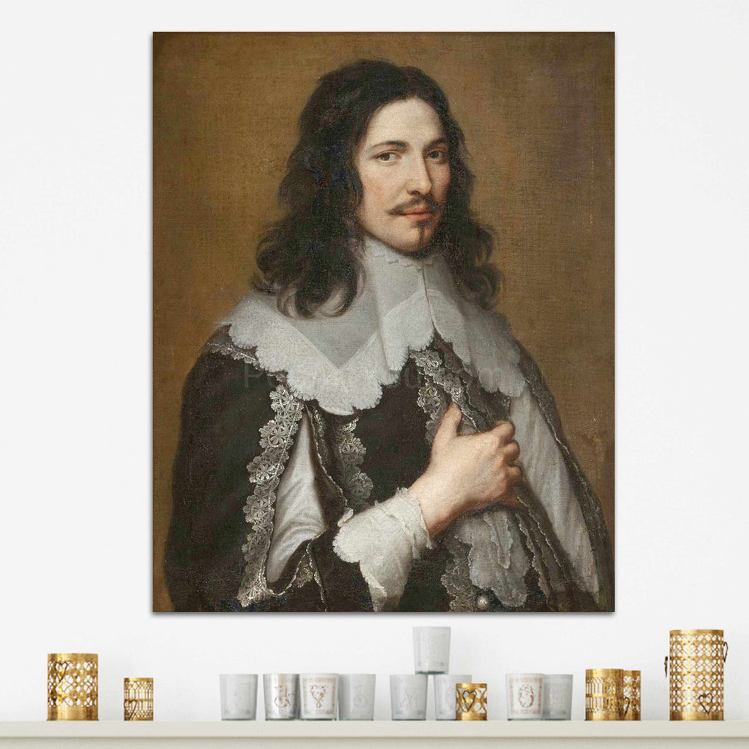 A portrait of a man with long hair dressed in historical royal clothes hangs on a white wall