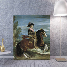 Load image into Gallery viewer, A portrait of a man riding a horse dressed in historical royal clothes stands on the floor next to a golden vase
