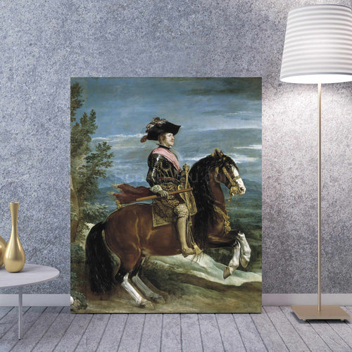 A portrait of a man riding a horse dressed in historical royal clothes stands on the floor next to a golden vase