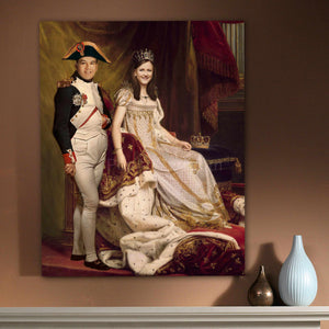 Portrait of a couple dressed in white royal clothes hangs on a beige wall above two vases