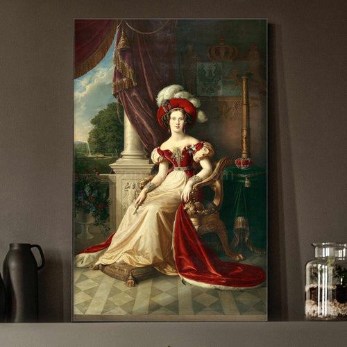 Portrait of a woman dressed in regal attire stands on a gray table next to a black vase