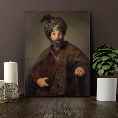 A portrait of a man with a beard dressed in renaissance regal attire stands on a brown wooden table