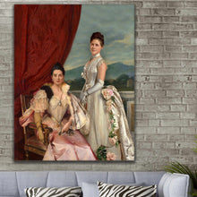 Load image into Gallery viewer, Portrait of two women with dark hair dressed in royal clothes hangs on the gray brick wall above the sofa
