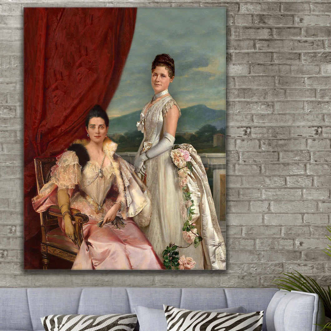 Portrait of two women with dark hair dressed in royal clothes hangs on the gray brick wall above the sofa