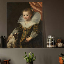 Load image into Gallery viewer, Portrait of a girl dressed in historical royal clothes stands on a gray shelf near a black vase
